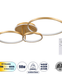 GloboStar® GLOBOSTAR® NEMESIS 61110 Μοντέρνο Φωτιστικό Οροφής LED 98W 11858lm 360° AC 220-240V IP20 Ρυθμιζόμενο Λευκό CCT με Χειριστήριο από 2700K έως 6000K Dimmable - Lumileds SMD Chip - Χρυσό Βούρτσας - Μ89 x Π60 x Υ19cm - 3 Χρόνια Εγγύηση