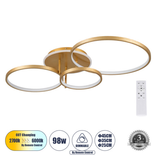 GloboStar® GLOBOSTAR® NEMESIS 61110 Μοντέρνο Φωτιστικό Οροφής LED 98W 11858lm 360° AC 220-240V IP20 Ρυθμιζόμενο Λευκό CCT με Χειριστήριο από 2700K έως 6000K Dimmable - Lumileds SMD Chip - Χρυσό Βούρτσας - Μ89 x Π60 x Υ19cm - 3 Χρόνια Εγγύηση