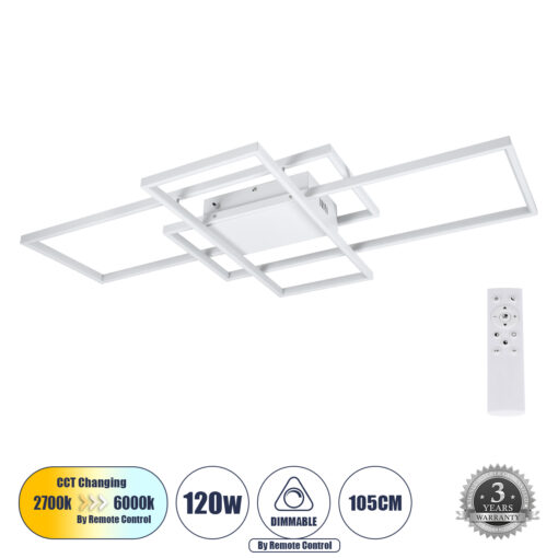 GloboStar® GloboStar® QUADRA 61389 Φωτιστικό Οροφής Design LED CCT 120W 14400lm 120° AC 220-240V - Εναλλαγή Φωτισμού μέσω Τηλεχειριστηρίου All In One Ψυχρό 6000k+Φυσικό 4500k+Θερμό 2700k Dimmable Μ105 x Π60 x Υ9cm - Λευκό - 3 Years Warranty