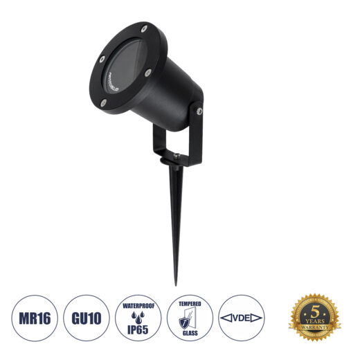GloboStar® GloboStar® GARDELINI 61481 Καρφωτό Κινούμενο Φωτιστικό Σποτ Κήπου με Ντουί 1 x GU10 VDE Certified AC 220-240V Αδιάβροχο IP65 - Σώμα Αλουμινίου & Υψηλής Αντοχής Tempered Glass & Μ40cm VDE Καλώδιο Σύνδεσης - Φ10 x Υ30cm - Μαύρο - 5 Χρόνια Εγγύηση