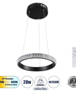 GloboStar® GLOBOSTAR® DIAMOND 61126 Μοντέρνο Κρεμαστό Φωτιστικό Οροφής LED 20W 2356lm 360° AC 220-240V IP20 Ρυθμιζόμενο Λευκό CCT με Χειριστήριο από 2700K έως 6000K Dimmable - Lumileds SMD Chip - Μαύρο - Μ25 x Π25 x Υ3cm - 3 Χρόνια Εγγύηση