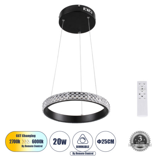 GloboStar® GLOBOSTAR® DIAMOND 61126 Μοντέρνο Κρεμαστό Φωτιστικό Οροφής LED 20W 2356lm 360° AC 220-240V IP20 Ρυθμιζόμενο Λευκό CCT με Χειριστήριο από 2700K έως 6000K Dimmable - Lumileds SMD Chip - Μαύρο - Μ25 x Π25 x Υ3cm - 3 Χρόνια Εγγύηση