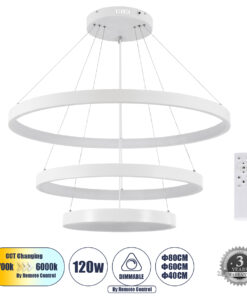 GloboStar® GLOBOSTAR® NEMESIS TRIO 61171 Μοντέρνο Κρεμαστό Φωτιστικό Οροφής LED 120W 14723lm 360° AC 220-240V IP20 Ρυθμιζόμενο Λευκό CCT με Χειριστήριο από 2700K έως 6000K Dimmable - Lumileds SMD Chip - Λευκό - Μ80 x Π80 x Υ90cm - 3 Χρόνια Εγγύηση
