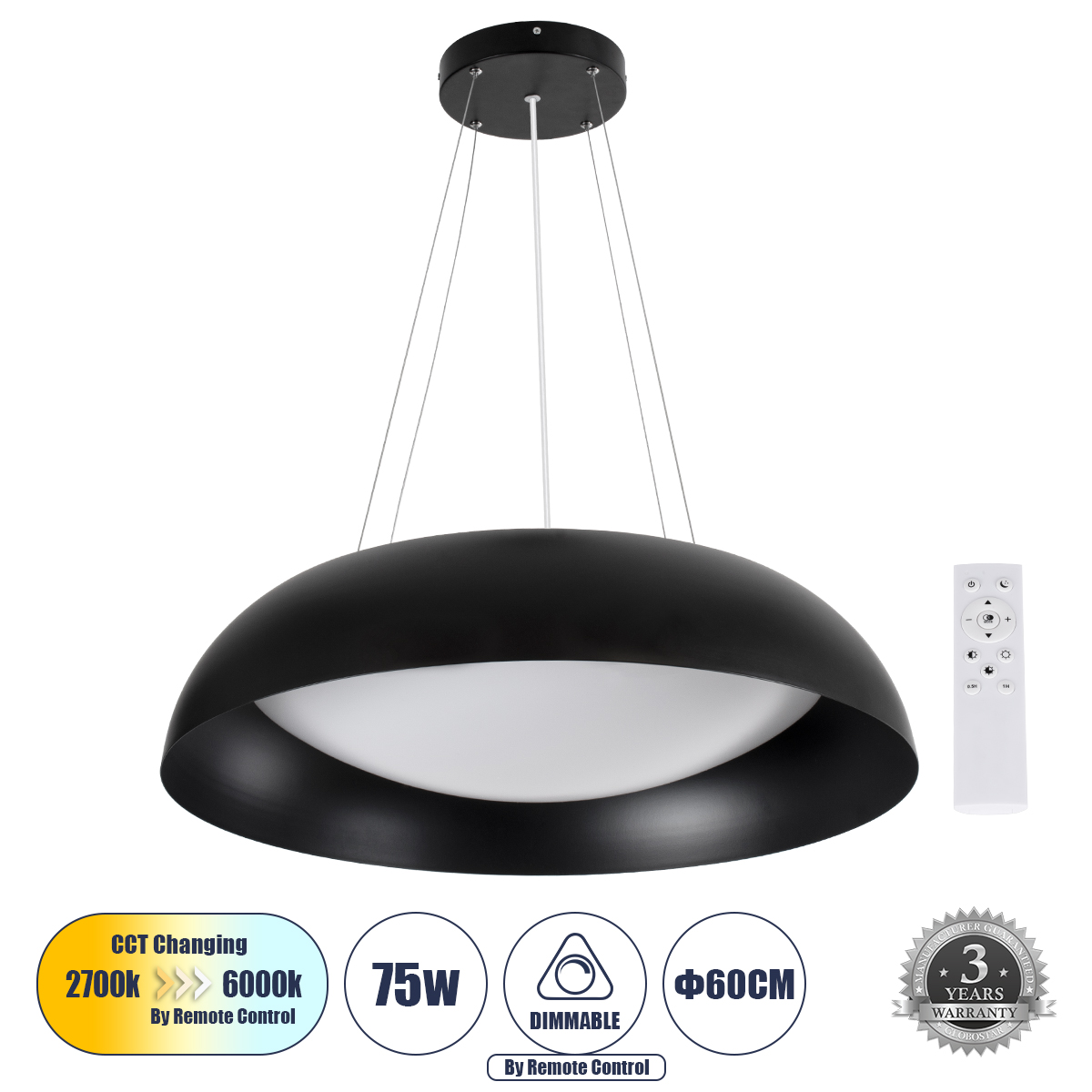GLOBOSTAR® ANATOLIA 61269 Μοντέρνο Κρεμαστό Φωτιστικό Οροφής LED 75W 8625lm 120° AC 220-240V IP20 Ρυθμιζόμενο Λευκό CCT με Χειριστήριο από 2700K έως 6000K Dimmable - Lumileds SMD Chip - Μαύρο - Μ60 x Π60 x Υ12.5cm - 3 Χρόνια Εγγύηση 3 GloboStar® GLOBOSTAR® ANATOLIA 61269 Μοντέρνο Κρεμαστό Φωτιστικό Οροφής LED 75W 8625lm 120° AC 220-240V IP20 Ρυθμιζόμενο Λευκό CCT με Χειριστήριο από 2700K έως 6000K Dimmable - Lumileds SMD Chip - Μαύρο - Μ60 x Π60 x Υ12.5cm - 3 Χρόνια Εγγύηση