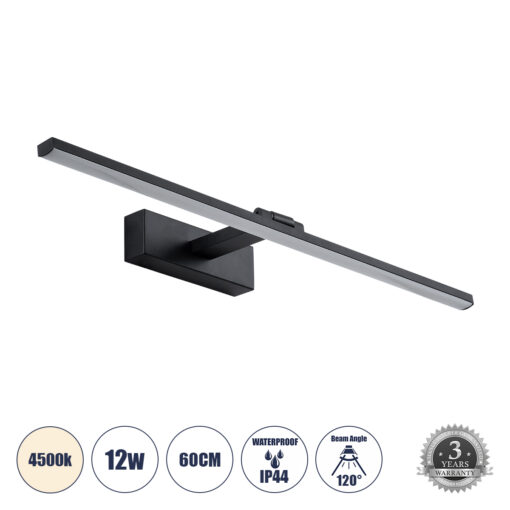 GloboStar® GloboStar® ELLIS 60444 Μοντέρνο Φωτιστικό Τοίχου - Απλίκα Καθρέπτη Μπάνιου - Πίνακα LED 12W 1400lm 120° AC 220-240V IP44 Μ60 x Π16 x Υ6cm - Φυσικό Λευκό 4500K - Μαύρο - 3 Χρόνια Εγγύηση