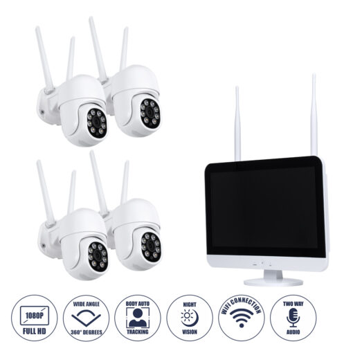 GloboStar® GloboStar® 86041 Ασύρματο Καταγραφικό με Οθόνη - 4 x Camera 2MP 1080P WiFi  360° Μοιρών - Αδιάβροχο IP66 - Νυχτερινή Όραση με LED IR - Διπλή Κατέυθυνση Ομιλίας - Ανιχνευτή Κίνησης - Νυχτερινή Λήψη - Λευκό