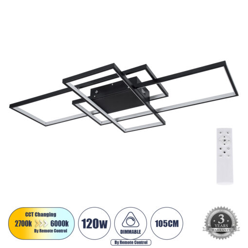 GloboStar® GloboStar® QUADRA 61388 Φωτιστικό Οροφής Design LED CCT 120W 14400lm 120° AC 220-240V - Εναλλαγή Φωτισμού μέσω Τηλεχειριστηρίου All In One Ψυχρό 6000k+Φυσικό 4500k+Θερμό 2700k Dimmable Μ105 x Π60 x Υ9cm - Μαύρο - 3 Years Warranty