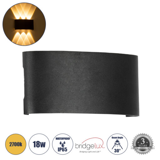GloboStar® GloboStar® SIXOAD 60586 Φωτιστικό Τοίχου - Απλίκα Αρχιτεκτονικού Φωτισμού Εσωτερικού/Εξωτερικού Χώρου Up & Down LED 18W 2160lm 30° AC 220-240V Αδιάβροχο IP65 Μ17 x Π4 x Υ8cm - Θερμό Λευκό 2700K - Μαύρο - Bridgelux Chip - 3 Years Warranty