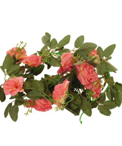GloboStar® GloboStar® 09001 Τεχνητό Κρεμαστό Φυτό Διακοσμητική Γιρλάντα Μήκους 2.2 μέτρων με 10 X Μεγάλα Τριαντάφυλλα Κοραλί