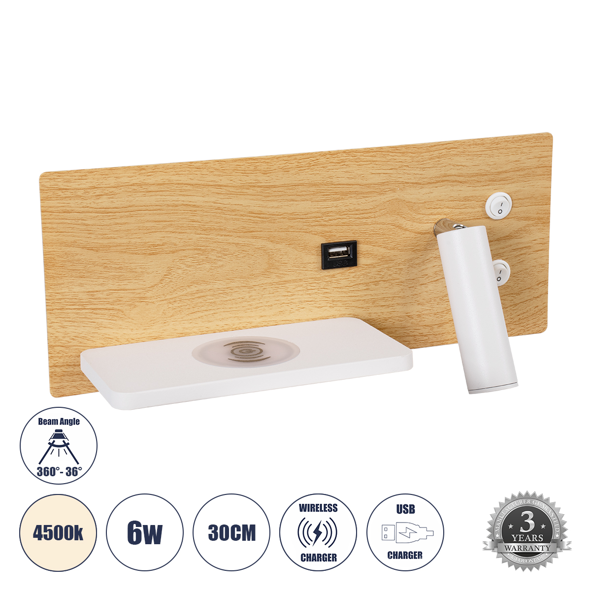 GloboStar® PALADIN 61359 Μοντέρνο Φωτιστικό Τοίχου - Απλίκα Ξενοδοχείου Bed Side LED 6W 720lm 36° AC 220-240V - Reading Light & Κρυφός Φωτισμός - Φορτιστές USB 3A & Wireless 20W - Μ30 x Π11 x Υ12cm - Φυσικό Λευκό 4500K - Ξύλο & Λευκό - Αριστερό 3 GloboStar® GloboStar® PALADIN 61359 Μοντέρνο Φωτιστικό Τοίχου - Απλίκα Ξενοδοχείου Bed Side LED 6W 720lm 36° AC 220-240V - Reading Light & Κρυφός Φωτισμός - Φορτιστές USB 3A & Wireless 20W - Μ30 x Π11 x Υ12cm - Φυσικό Λευκό 4500K - Ξύλο & Λευκό - Αριστερό
