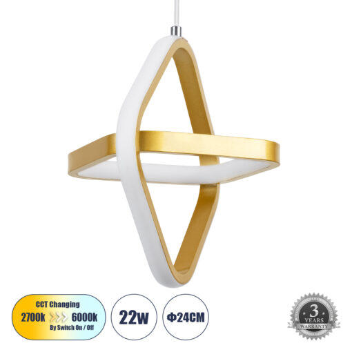 GloboStar® GLOBOSTAR® ROSE 61066 Μοντέρνο Κρεμαστό Φωτιστικό Οροφής LED 22W 2640lm 300° AC 220-240V IP20 Ρυθμιζόμενο Λευκό CCT με On/Off 2700K/4500K/6000K - Lumileds SMD Chip - Χρυσό Βούρτσας - Μ24 x Π22 x Υ24cm - 3 Χρόνια Εγγύηση
