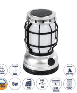 GloboStar® GloboStar® 69931 Αυτόνομο Ηλιακό Επαναφορτιζόμενο Φανάρι Camping LED 5W με Εναλλαγή Χρωμάτων Flame Effect & Επαναφορτιζόμενη Μπαταρία 18650 1200mAh Li-ion - Power Bank - Αδιάβροχο IP54 - Dimmable - Μαύρο Ασημί - Flame Effect 1800K - Ψυχρό Λευκό 6000K Φ10.