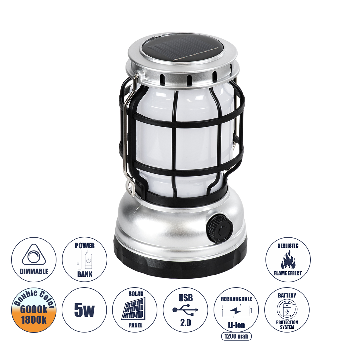 GloboStar® 69931 Αυτόνομο Ηλιακό Επαναφορτιζόμενο Φανάρι Camping LED 5W με Εναλλαγή Χρωμάτων Flame Effect & Επαναφορτιζόμενη Μπαταρία 18650 1200mAh Li-ion - Power Bank - Αδιάβροχο IP54 - Dimmable - Μαύρο Ασημί - Flame Effect 1800K - Ψυχρό Λευκό 6000K Φ10. 3 GloboStar® GloboStar® 69931 Αυτόνομο Ηλιακό Επαναφορτιζόμενο Φανάρι Camping LED 5W με Εναλλαγή Χρωμάτων Flame Effect & Επαναφορτιζόμενη Μπαταρία 18650 1200mAh Li-ion - Power Bank - Αδιάβροχο IP54 - Dimmable - Μαύρο Ασημί - Flame Effect 1800K - Ψυχρό Λευκό 6000K Φ10.