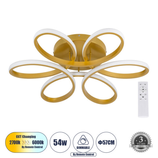 GloboStar® GLOBOSTAR® MARGARET 61403 Μοντέρνο Φωτιστικό Οροφής LED 54W 6210lm 360° AC 220-240V IP20 Ρυθμιζόμενο Λευκό CCT με Χειριστήριο από 2700K έως 6000K Dimmable - Lumileds SMD Chip - Χρυσό Βούρτσας - Μ57 x Π57 x Υ12cm - 3 Χρόνια Εγγύηση