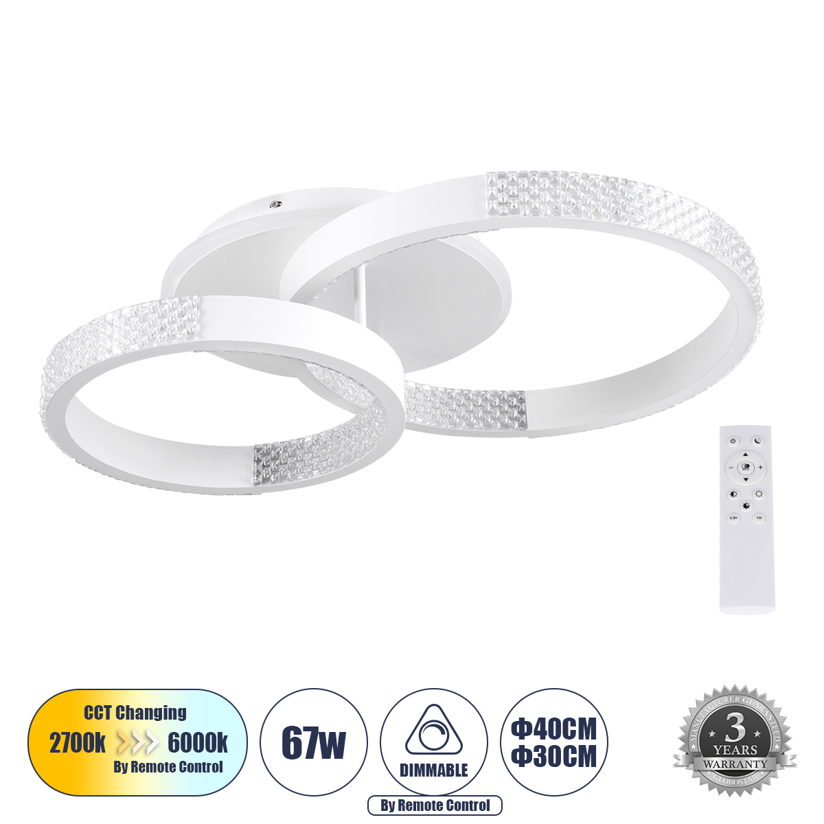 GloboStar® DIAMOND 61112 Φωτιστικό Οροφής Δαχτυλίδι-Κύκλος LED CCT 67W 8078lm 360° AC 220-240V - Εναλλαγή Φωτισμού μέσω Τηλεχειριστηρίου All In One Ψυχρό 6000k+Φυσικό 4500k+Θερμό 2700k Dimmable Φ30+40cm+BackLight - Λευκό - 3 Years Warranty 3 GloboStar® GloboStar® DIAMOND 61112 Φωτιστικό Οροφής Δαχτυλίδι-Κύκλος LED CCT 67W 8078lm 360° AC 220-240V - Εναλλαγή Φωτισμού μέσω Τηλεχειριστηρίου All In One Ψυχρό 6000k+Φυσικό 4500k+Θερμό 2700k Dimmable Φ30+40cm+BackLight - Λευκό - 3 Years Warranty