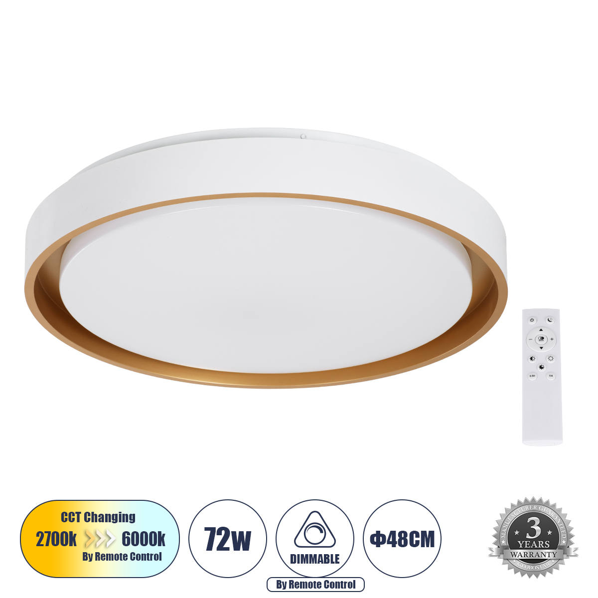GloboStar® BARCHETTA 61048-S Πλαφονιέρα Οροφής LED CCT 72W 8306lm 120° AC 220-240V - Εναλλαγή Φωτισμού μέσω Τηλεχειριστηρίου All In One Ψυχρό 6000k+Φυσικό 4500k+Θερμό 2700k Dimmable Φ48cm - Λευκό & Χρυσό - 3 Years Warranty 3 GloboStar® GloboStar® BARCHETTA 61048-S Πλαφονιέρα Οροφής LED CCT 72W 8306lm 120° AC 220-240V - Εναλλαγή Φωτισμού μέσω Τηλεχειριστηρίου All In One Ψυχρό 6000k+Φυσικό 4500k+Θερμό 2700k Dimmable Φ48cm - Λευκό & Χρυσό - 3 Years Warranty