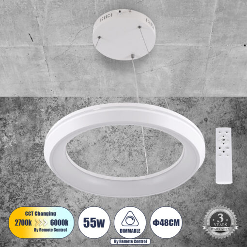 GloboStar® GLOBOSTAR® MELINA 61044 Μοντέρνο Κρεμαστό Φωτιστικό Οροφής LED 55W 6376lm 120° AC 220-240V IP20 Ρυθμιζόμενο Λευκό CCT με Χειριστήριο από 2700K έως 6000K Dimmable - Lumileds SMD Chip - Λευκό - Μ48 x Π48 x Υ6.5cm - 3 Χρόνια Εγγύηση