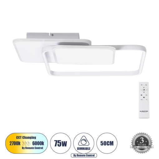 GloboStar® GloboStar® SQUARO 61232 Φωτιστικό Οροφής Δαχτυλίδι-Κύκλος LED CCT 75W 8400lm 360° AC 220-240V - Εναλλαγή Φωτισμού μέσω Τηλεχειριστηρίου All In One Ψυχρό 6000k+Φυσικό 4500k+Θερμό 2700k Dimmable Μ48.5 x Π51 x Υ9cm - Λευκό - 3 Years Warranty