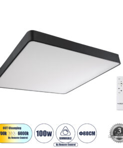 GloboStar® GloboStar® KAMALA 61210-S Πλαφονιέρα Οροφής LED CCT 100W 11020lm 120° AC 220-240V - Εναλλαγή Φωτισμού μέσω Τηλεχειριστηρίου All In One Ψυχρό 6000k+Φυσικό 4500k+Θερμό 2700k Dimmable Μ80 x Π80 x Υ8cm- Μαύρο - 3 Years Warranty