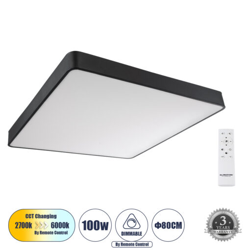 GloboStar® GloboStar® KAMALA 61210-S Πλαφονιέρα Οροφής LED CCT 100W 11020lm 120° AC 220-240V - Εναλλαγή Φωτισμού μέσω Τηλεχειριστηρίου All In One Ψυχρό 6000k+Φυσικό 4500k+Θερμό 2700k Dimmable Μ80 x Π80 x Υ8cm- Μαύρο - 3 Years Warranty