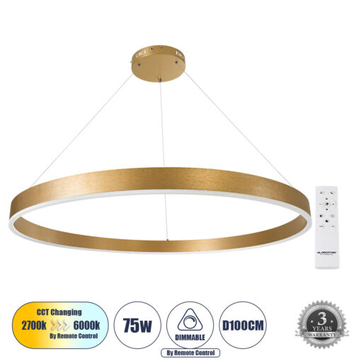 GloboStar® GLOBOSTAR® VENOM 61184 Μοντέρνο Κρεμαστό Φωτιστικό Οροφής LED 75W 8818lm 120° AC 220-240V IP20 Ρυθμιζόμενο Λευκό CCT με Χειριστήριο από 2700K έως 6000K Dimmable - Lumileds SMD Chip - Χρυσό Βούρτσας - Μ100 x Π100 x Υ6.5cm - 3 Χρόνια Εγγύηση