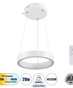 GloboStar® GLOBOSTAR® NEMESIS 61153 Μοντέρνο Κρεμαστό Φωτιστικό Οροφής LED 20W 2356lm 360° AC 220-240V IP20 Ρυθμιζόμενο Λευκό CCT με Χειριστήριο από 2700K έως 6000K Dimmable - Lumileds SMD Chip - Λευκό Ματ - Μ25 x Π25 x Υ4cm - 3 Χρόνια Εγγύηση