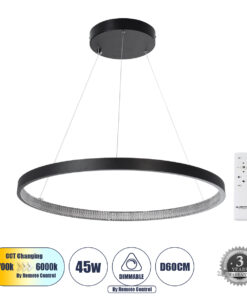 GloboStar® GLOBOSTAR® DIAMOND 61522 Μοντέρνο Κρεμαστό Φωτιστικό Οροφής LED 45W 5040lm 360° AC 220-240V IP20 Ρυθμιζόμενο Λευκό CCT με Χειριστήριο από 2700K έως 6000K Dimmable - Lumileds SMD Chip - Μαύρο - Μ60 x Π60 x Υ100cm - 3 Χρόνια Εγγύηση