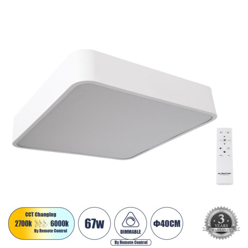 GloboStar® GloboStar® KAMALA 61207-S Πλαφονιέρα Οροφής LED CCT 67W 7370lm 120° AC 220-240V - Εναλλαγή Φωτισμού μέσω Τηλεχειριστηρίου All In One Ψυχρό 6000k+Φυσικό 4500k+Θερμό 2700k Dimmable Μ40 x Π40 x Υ8cm - Λευκό - 3 Years Warranty