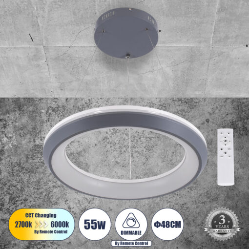 GloboStar® GLOBOSTAR® MELINA 61045 Μοντέρνο Κρεμαστό Φωτιστικό Οροφής LED 55W 6376lm 120° AC 220-240V IP20 Ρυθμιζόμενο Λευκό CCT με Χειριστήριο από 2700K έως 6000K Dimmable - Lumileds SMD Chip - Γκρι & Λευκό - Μ48 x Π48 x Υ6.5cm - 3 Χρόνια Εγγύηση