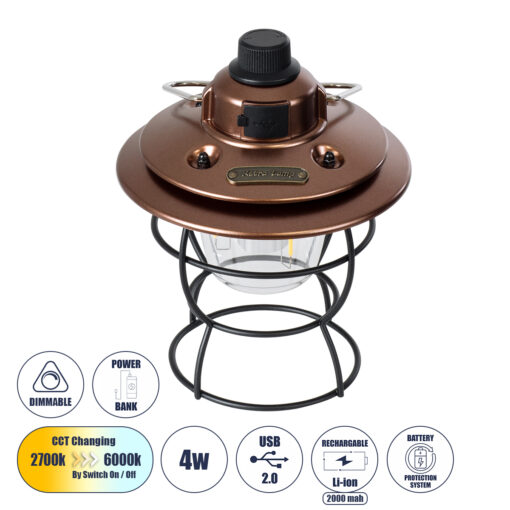 GloboStar® GloboStar® 85697 Αυτόνομο Φανάρι Camping LED 4W USB 2.0 με Επαναφορτιζόμενη Μπαταρία 1 x 18650 2000mAh Li-ion Power Bank IP20 Dimmable Καφέ με Διάφανο Γυαλί CCT Εναλλαγή Φωτισμού μέσω On/Off All In One Ψυχρό 6000K+Φυσικό 4500K+Θερμό 2700K Φ13.5 x Υ17.5cm