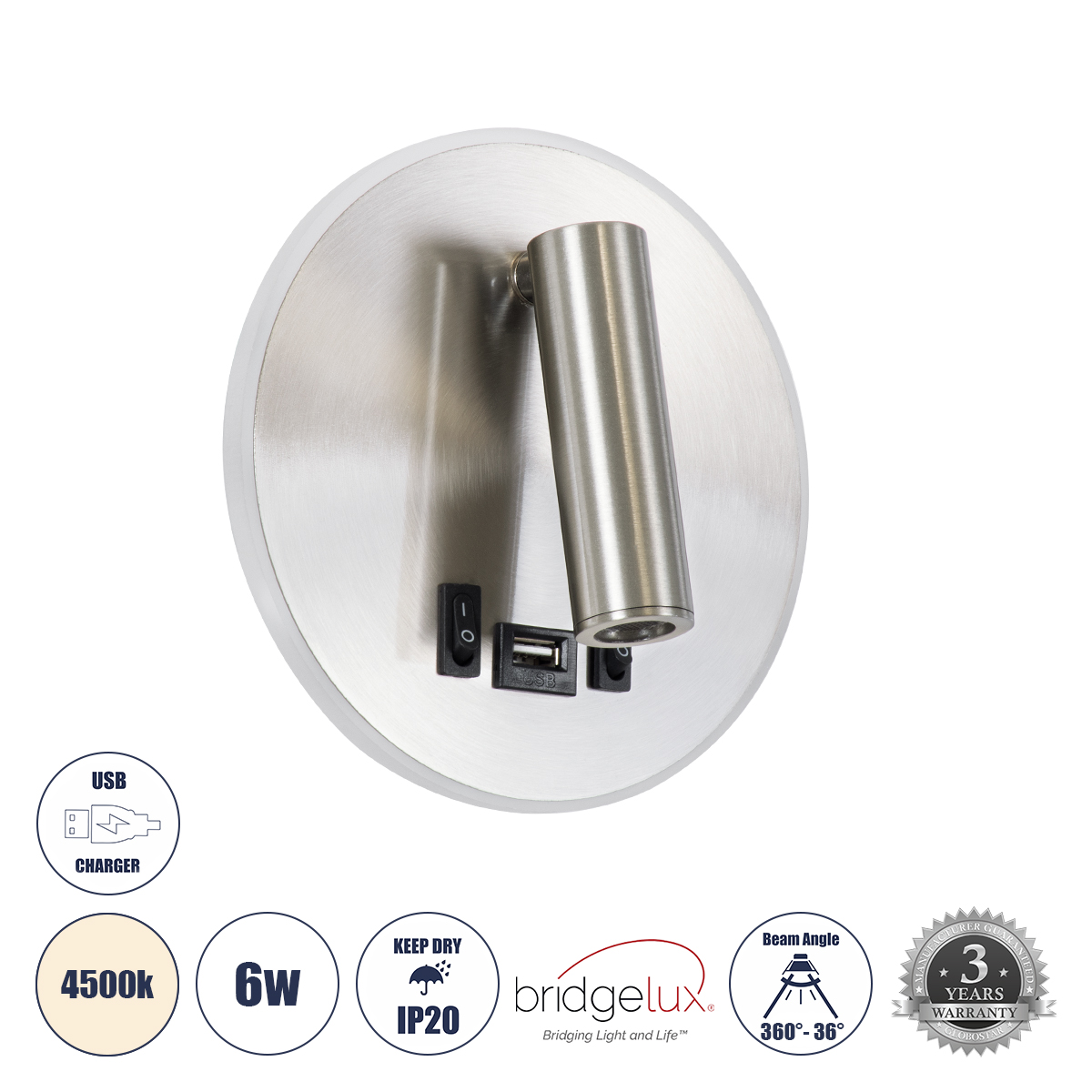 GloboStar® LADY-R 60941 Μοντέρνο Φωτιστικό Τοίχου - Απλίκα Ξενοδοχείου Bed Side LED 6W 600lm 36° & 360° AC 220-240V - Reading Light & Κρυφός Φωτισμός - Φορτιστής USB 3A - Φ15 x Υ7cm - Φυσικό Λευκό 4500K - Νίκελ Βούρτσας - 3 Χρόνια Εγγύηση 3 GloboStar® GloboStar® LADY-R 60941 Μοντέρνο Φωτιστικό Τοίχου - Απλίκα Ξενοδοχείου Bed Side LED 6W 600lm 36° & 360° AC 220-240V - Reading Light & Κρυφός Φωτισμός - Φορτιστής USB 3A - Φ15 x Υ7cm - Φυσικό Λευκό 4500K - Νίκελ Βούρτσας - 3 Χρόνια Εγγύηση