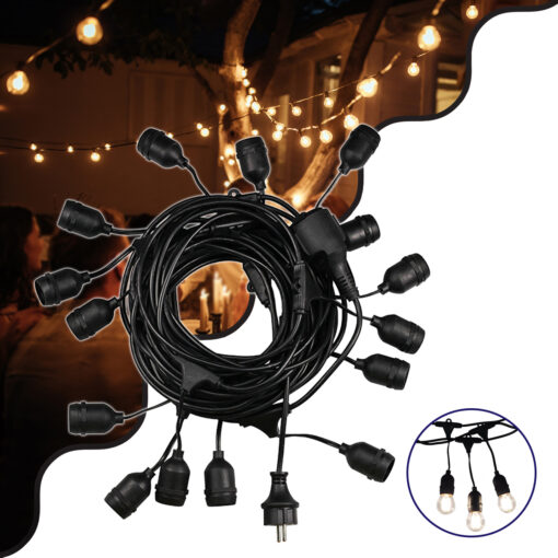 GloboStar® GLOBOSTAR® E27GARLAND 78984 Μοντέρνο Φωτιστικό Κήπου Γιρλάντα 15m με Ντουί 15 x E27 & Πρίζα Schuko Επεκτεινόμενη 90° AC 220-240V IP65 - Μαύρο - Μ1500 x Π92 x Υ16cm