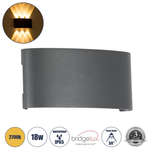 GloboStar® GLOBOSTAR® SIXOAD 60585 Μοντέρνο Φωτιστικό Τοίχου - Απλίκα LED 18W 1800lm 30° AC 220-240V Αδιάβροχο IP65 Θερμό Λευκό 2700K - Bridgelux COB Chip & TÜV SÜD Driver - Γκρι Ανθρακί Ματ - Μ17 x Π4 x Υ8cm - 5 Χρόνια Εγγύηση