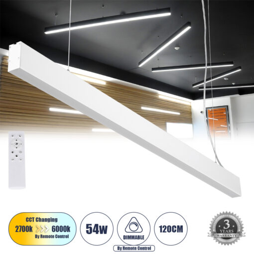 GloboStar® GLOBOSTAR® FELIX 61029-P Μοντέρνο Γραμμικό Κρεμαστό Φωτιστικό Οροφής LED 54W 6500lm 120° AC 220-240V IP20 Ρυθμιζόμενο Λευκό CCT με Χειριστήριο από 2700K έως 6000K Dimmable - Lumileds SMD Chip - Λευκό Ματ - Μ120 x Π3.5 x Υ7cm - 3 Χρόνια Εγγύηση