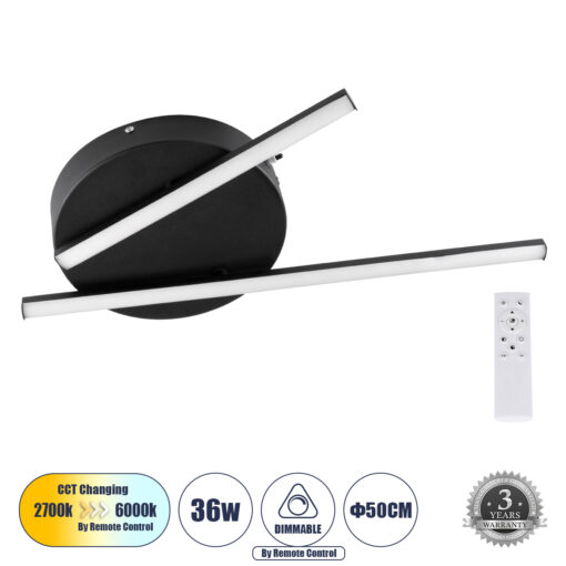 GloboStar® GLOBOSTAR® DRACO 61091 Μοντέρνο Φωτιστικό Οροφής LED 36W 4428lm 120° AC 220-240V IP20 Ρυθμιζόμενο Λευκό CCT με Χειριστήριο από 2700K έως 6000K Dimmable - Lumileds SMD Chip - Μαύρο Ματ - Μ50 x Π50 x Υ6cm - 3 Χρόνια Εγγύηση