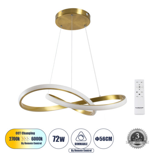 GloboStar® GLOBOSTAR® DEXTER 61051 Μοντέρνο Κρεμαστό Φωτιστικό Οροφής LED 72W 8064lm 300° AC 220-240V IP20 Ρυθμιζόμενο Λευκό CCT με Χειριστήριο από 2700K έως 6000K Dimmable - Lumileds SMD Chip - Χρυσό Βούρτσας - Μ56 x Π56 x Υ14cm - 3 Χρόνια Εγγύηση