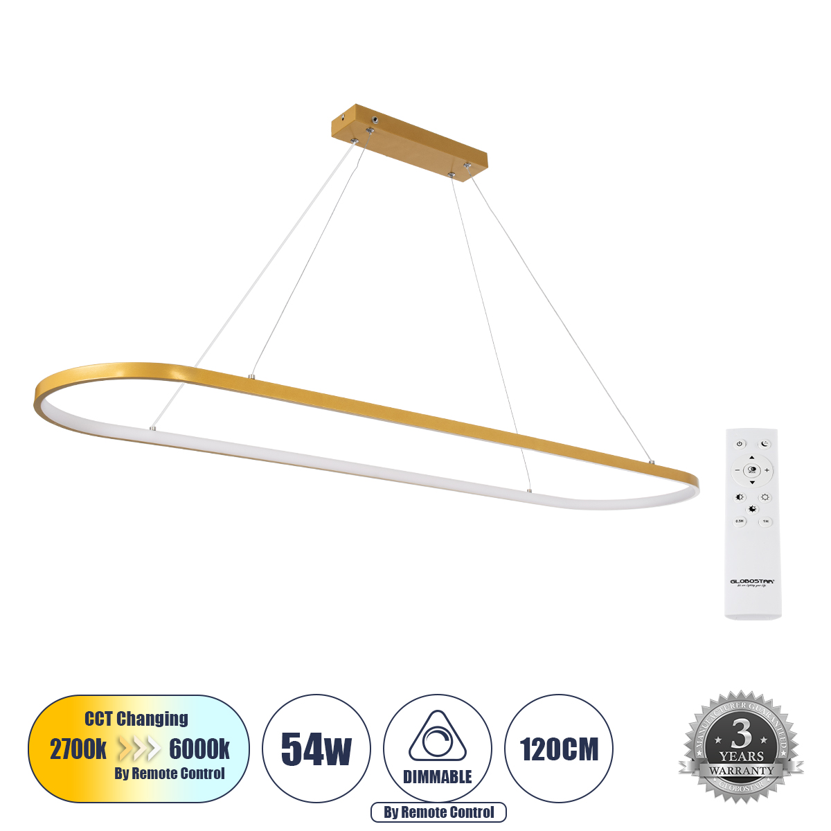 GLOBOSTAR® BOLIVAR 61274 Μοντέρνο Κρεμαστό Φωτιστικό Οροφής LED 54W 6210lm 360° AC 220-240V IP20 Ρυθμιζόμενο Λευκό CCT με Χειριστήριο από 2700K έως 6000K Dimmable - Lumileds SMD Chip - Χρυσό Βούρτσας - Μ120 x Π30 x Υ2cm - 3 Χρόνια Εγγύηση 3 GloboStar® GLOBOSTAR® BOLIVAR 61274 Μοντέρνο Κρεμαστό Φωτιστικό Οροφής LED 54W 6210lm 360° AC 220-240V IP20 Ρυθμιζόμενο Λευκό CCT με Χειριστήριο από 2700K έως 6000K Dimmable - Lumileds SMD Chip - Χρυσό Βούρτσας - Μ120 x Π30 x Υ2cm - 3 Χρόνια Εγγύηση