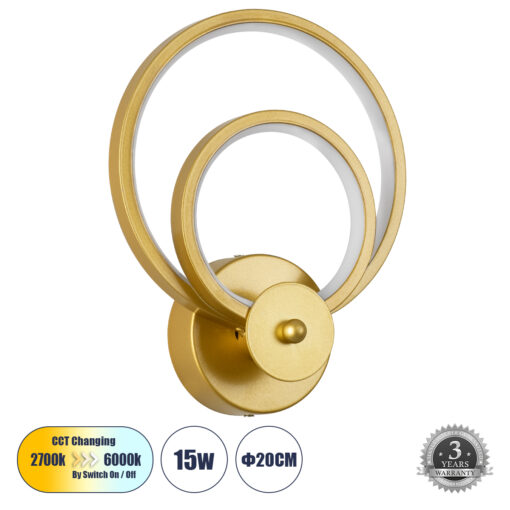 GloboStar® GloboStar® FREDDIE 61078 Φωτιστικό Τοίχου - Απλίκα Design LED CCT 15W 1800lm 300° AC 220-240V - Εναλλαγή Φωτισμού μέσω Διακόπτη On/Off All In One Ψυχρό 6000k+Φυσικό 4500k+Θερμό 2700k Μ20 x Π7.5 x Υ25cm - Χρυσό Βούρτσας