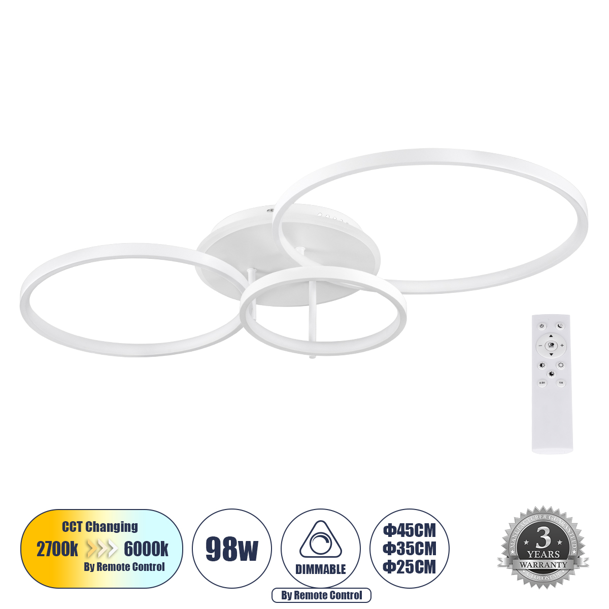 GloboStar® NEMESIS 61109 Φωτιστικό Οροφής Δαχτυλίδι-Κύκλος LED CCT 98W 11858lm 360° AC 220-240V - Εναλλαγή Φωτισμού μέσω Τηλεχειριστηρίου All In One Ψυχρό 6000k+Φυσικό 4500k+Θερμό 2700k Dimmable Φ25+35+45cm+BackLight - Λευκό - 3 Years Warranty 3 GloboStar® GloboStar® NEMESIS 61109 Φωτιστικό Οροφής Δαχτυλίδι-Κύκλος LED CCT 98W 11858lm 360° AC 220-240V - Εναλλαγή Φωτισμού μέσω Τηλεχειριστηρίου All In One Ψυχρό 6000k+Φυσικό 4500k+Θερμό 2700k Dimmable Φ25+35+45cm+BackLight - Λευκό - 3 Years Warranty
