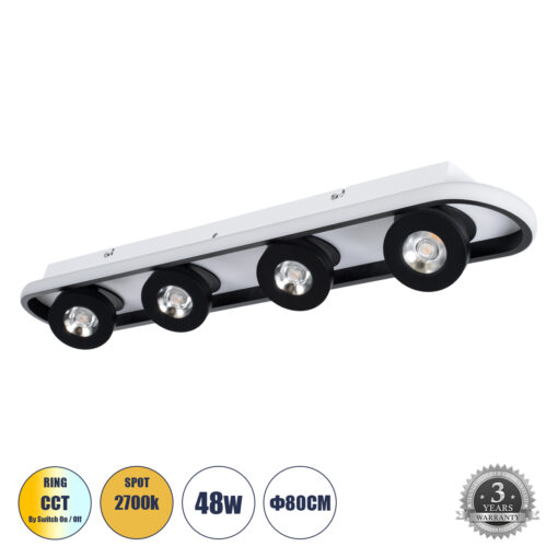 GloboStar® GloboStar® NESPO 61214 Φωτιστικό Οροφής Linear Design LED CCT με Κινούμενα Σποτ LED Spot Downlight 48W 5376lm 360° & 45° AC 220-240V - Εναλλαγή Φωτισμού μέσω Διακόπτη On/Off All In One Ψυχρό 6000k+Φυσικό 4500k+Θερμό 2700k Μ80 x Π13 x Υ6.5cm - Μαύρο