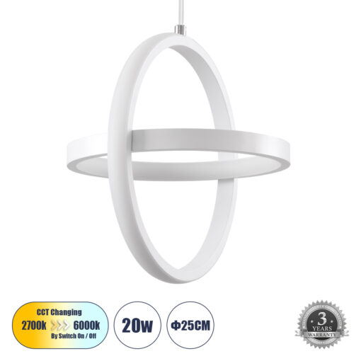 GloboStar® GLOBOSTAR® ALICE 61056 Μοντέρνο Κρεμαστό Φωτιστικό Οροφής LED 20W 2400lm 300° AC 220-240V IP20 Ρυθμιζόμενο Λευκό CCT με On/Off 2700K/4500K/6000K - Lumileds SMD Chip - Λευκό Ματ - Μ25 x Π22 x Υ25cm - 3 Χρόνια Εγγύηση