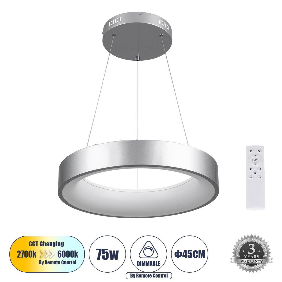 GLOBOSTAR® SALEM 61242 Μοντέρνο Κρεμαστό Φωτιστικό Οροφής LED 75W 8625lm 120° AC 220-240V IP20 Ρυθμιζόμενο Λευκό CCT με Χειριστήριο από 2700K έως 6000K Dimmable - Lumileds SMD Chip - Ασημί - Μ45 x Π45 x Υ7cm - 3 Χρόνια Εγγύηση 3 GloboStar® GLOBOSTAR® SALEM 61242 Μοντέρνο Κρεμαστό Φωτιστικό Οροφής LED 75W 8625lm 120° AC 220-240V IP20 Ρυθμιζόμενο Λευκό CCT με Χειριστήριο από 2700K έως 6000K Dimmable - Lumileds SMD Chip - Ασημί - Μ45 x Π45 x Υ7cm - 3 Χρόνια Εγγύηση