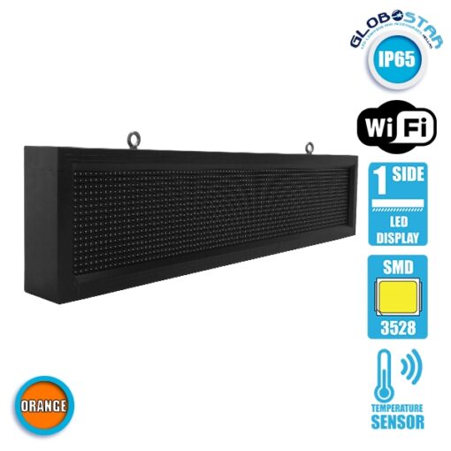 GloboStar® GLOBOSTAR®DISPLAY 90254 Κυλιόμενη Ψηφιακή Επιγραφή P10 Μονής Όψης LED AC 220-240V Αδιάβροχο IP65 Πορτοκαλί - WiFi Control μέσω FK APP - Αισθητήρας Θερμοκρασίας & Υγρασίας - Μ104 x Π9 x Υ24cm - 2 Χρόνια Εγγύηση