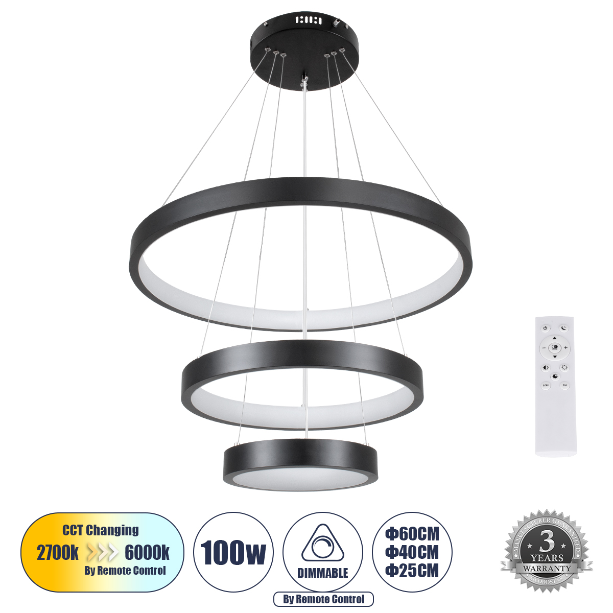 GLOBOSTAR® NEMESIS TRIO 61167 Μοντέρνο Κρεμαστό Φωτιστικό Οροφής LED 100W 12123lm 360° AC 220-240V IP20 Ρυθμιζόμενο Λευκό CCT με Χειριστήριο από 2700K έως 6000K Dimmable - Lumileds SMD Chip - Μαύρο Ματ - Μ60 x Π60 x Υ60cm - 3 Χρόνια Εγγύηση 3 GloboStar® GLOBOSTAR® NEMESIS TRIO 61167 Μοντέρνο Κρεμαστό Φωτιστικό Οροφής LED 100W 12123lm 360° AC 220-240V IP20 Ρυθμιζόμενο Λευκό CCT με Χειριστήριο από 2700K έως 6000K Dimmable - Lumileds SMD Chip - Μαύρο Ματ - Μ60 x Π60 x Υ60cm - 3 Χρόνια Εγγύηση