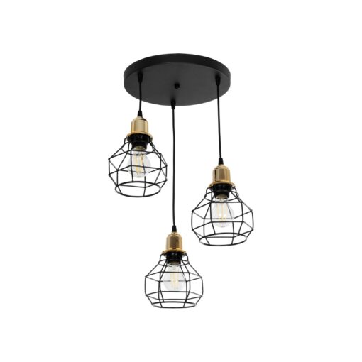GloboStar® GLOBOSTAR® NOVARAY 201-0083 Vintage Κρεμαστό Φωτιστικό Οροφής με Ντουί 3 x E27 AC 220-240V IP20 - Μαύρο & Χρυσό - Μ40 x Π40 x Υ50cm