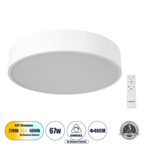 GloboStar® GloboStar® BURTON 61201-S Πλαφονιέρα Οροφής LED CCT 67W 7370lm 120° AC 220-240V - Εναλλαγή Φωτισμού μέσω Τηλεχειριστηρίου All In One Ψυχρό 6000k+Φυσικό 4500k+Θερμό 2700k Dimmable Φ40cm - Λευκό - 3 Years Warranty