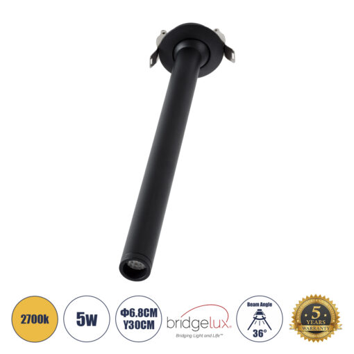 GloboStar® GloboStar® DALE 60373 Χωνευτό LED Κινούμενο Spot Downlight TrimLess Φ6.4cm 5W 500lm 36° AC 220-240V IP20 Φ6.4cm x Υ30cm - Στρόγγυλο - Μαύρο - Θερμό Λευκό 2700K - Bridgelux COB - TÜV Certified Driver - 5 Years Warranty