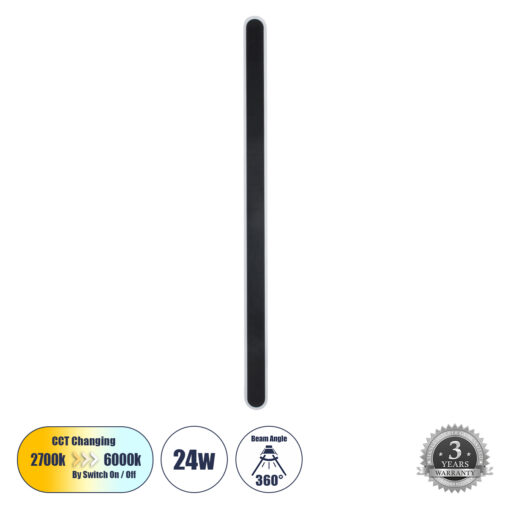 GloboStar® GloboStar® HOUSTON 61349 Φωτιστικό Τοίχου - Απλίκα Design LED CCT 24W 2880lm 360° AC 220-240V - Εναλλαγή Φωτισμού μέσω Διακόπτη On/Off All In One Ψυχρό 6000k+Φυσικό 4500k+Θερμό 2700k Μ6 x Π3 x Υ100cm - Μαύρο - 3 Years Warranty