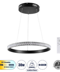 GloboStar® GLOBOSTAR® DIAMOND 61128 Μοντέρνο Κρεμαστό Φωτιστικό Οροφής LED 30W 3513lm 360° AC 220-240V IP20 Ρυθμιζόμενο Λευκό CCT με Χειριστήριο από 2700K έως 6000K Dimmable - Lumileds SMD Chip - Μαύρο - Μ40 x Π40 x Υ3cm - 3 Χρόνια Εγγύηση
