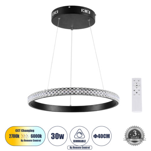 GloboStar® GLOBOSTAR® DIAMOND 61128 Μοντέρνο Κρεμαστό Φωτιστικό Οροφής LED 30W 3513lm 360° AC 220-240V IP20 Ρυθμιζόμενο Λευκό CCT με Χειριστήριο από 2700K έως 6000K Dimmable - Lumileds SMD Chip - Μαύρο - Μ40 x Π40 x Υ3cm - 3 Χρόνια Εγγύηση